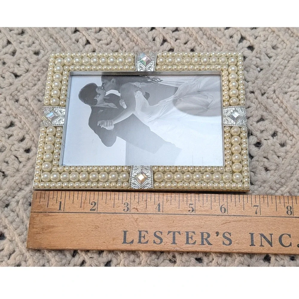 Pearl Rhinestone Picture Frame Silver Faux Pearl Wedding Decor Ornate Vintage